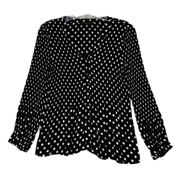Boston Proper Shirt Women Medium Black White Polka Dot Pleats Button Up Feminine - Picture 1 of 8